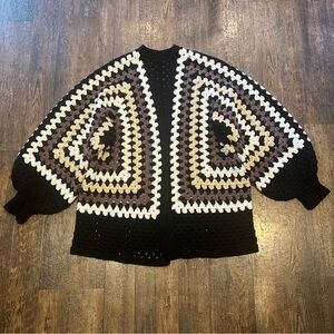 Handmade Neutral Toned Tan Black Crocheted Oversized Cardigan Sweater Grannycore
